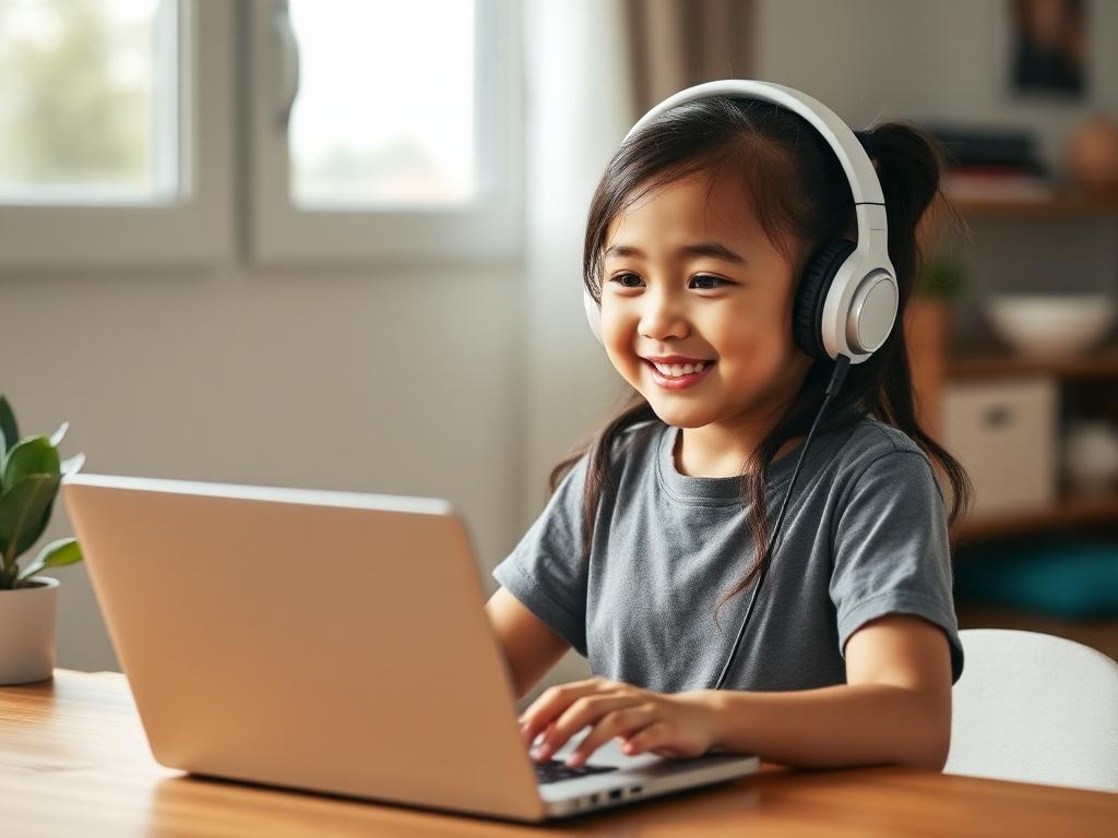 Child wearing headphones practicing English pronunciation with EDUQORA on a laptop.
