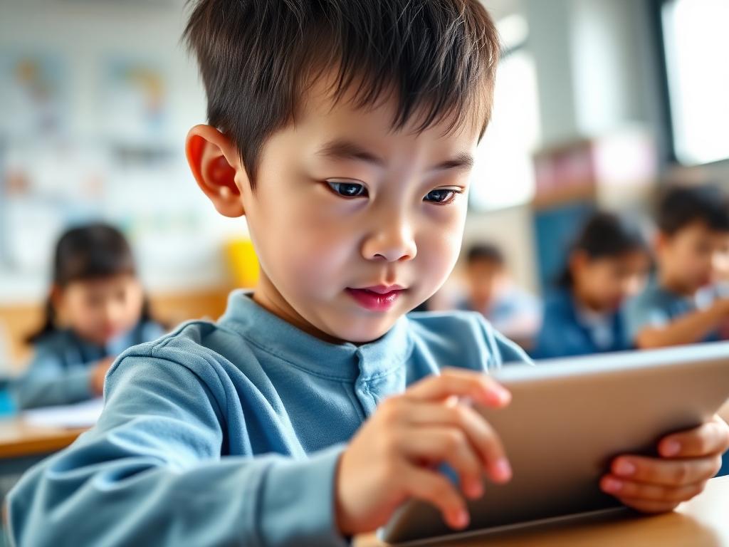 Young child using an EDUQORA interactive lesson on a tablet in a bright classroom.