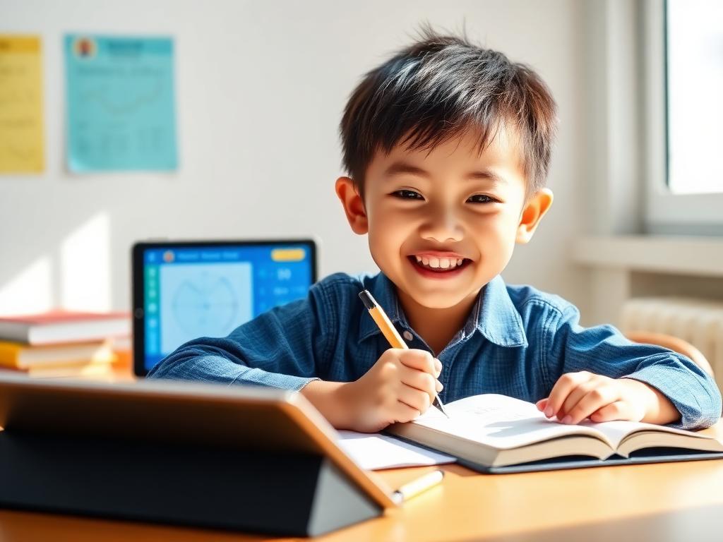 Child happily solving a Mathematics problem beside a tablet showing an EDUQORA activity.
