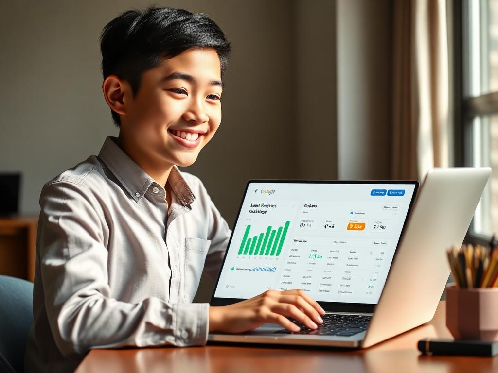 Teenage student reviewing an EDUQORA progress dashboard on a laptop.