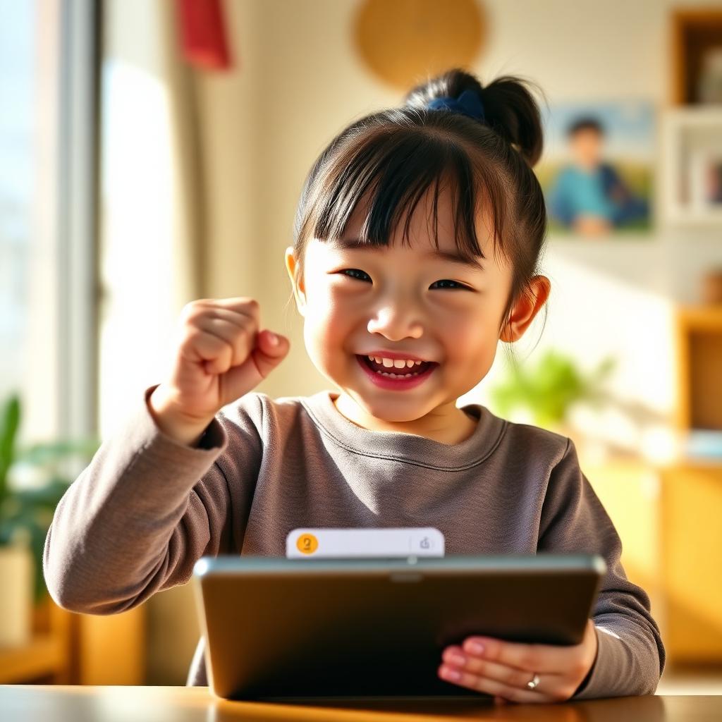 Child celebrating after completing an EDUQORA quiz on a tablet.