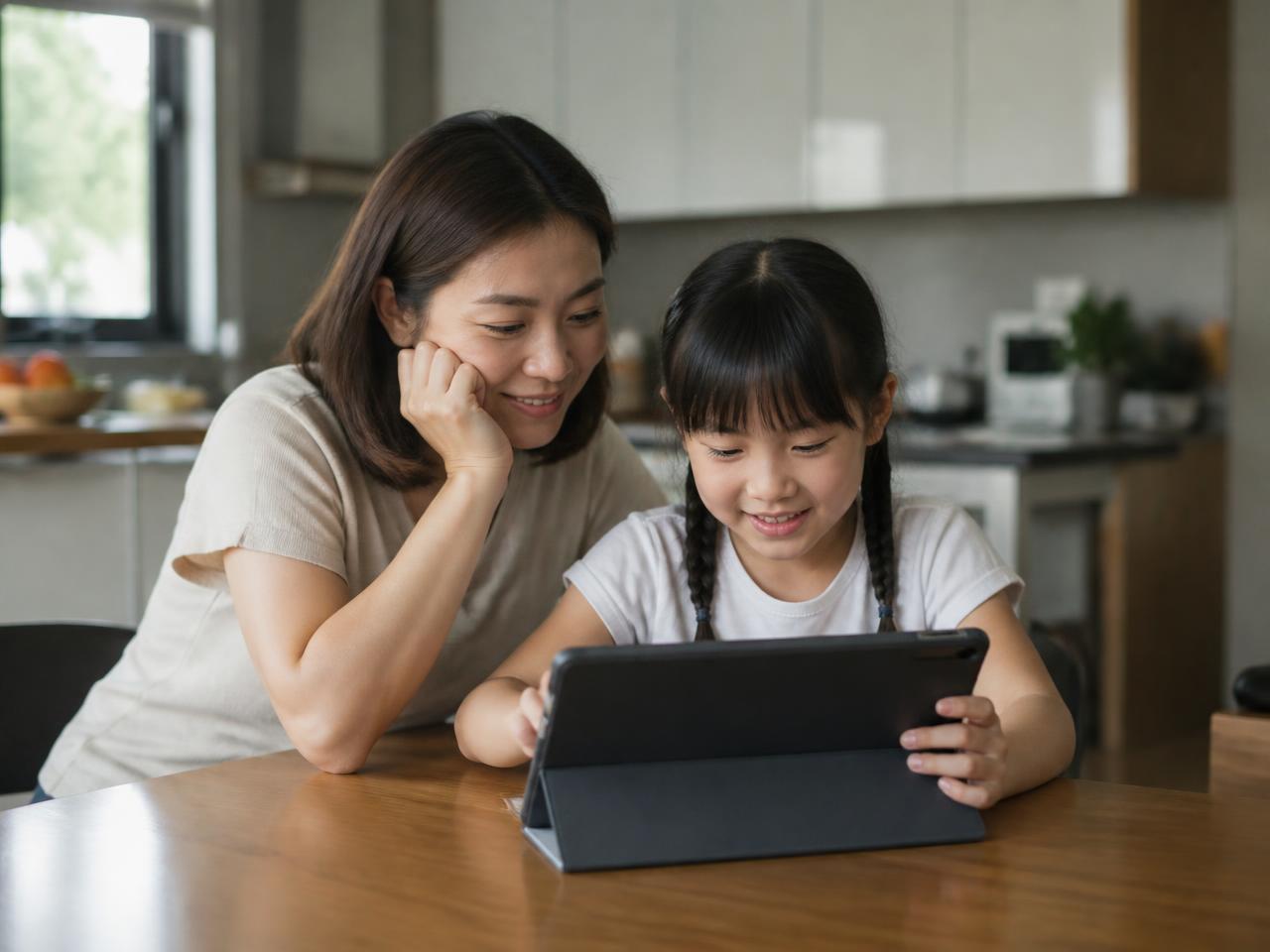 Parent supporting their child during an EDUQORA learning activity on a tablet at home.